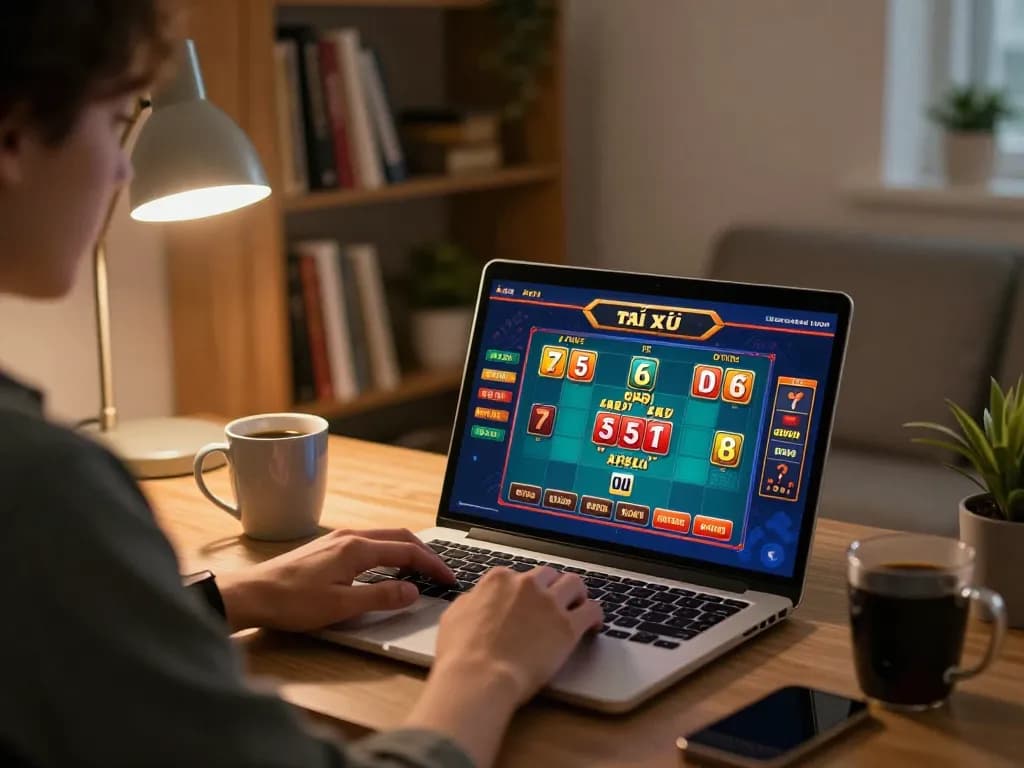 Engaged player using laptop for game tài xỉu online uy tín, showcasing a strategic gameplay environment.