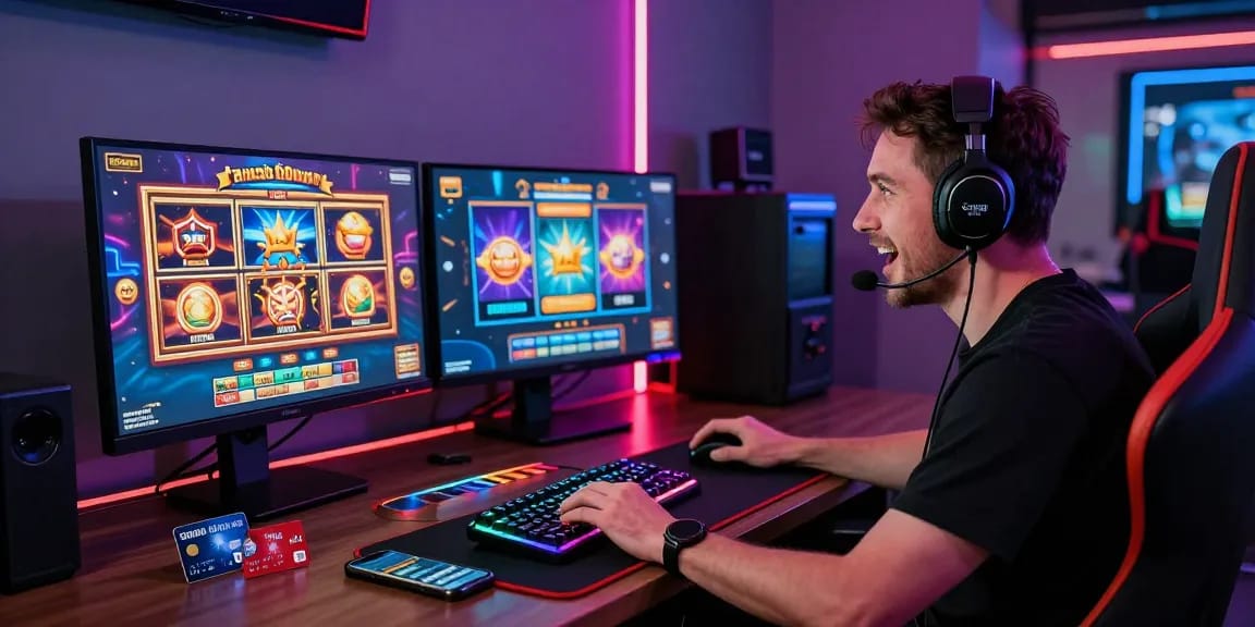 Player immersed in an exciting credit card casino gaming experience with dual monitors, vibrant games, and modern accessories.