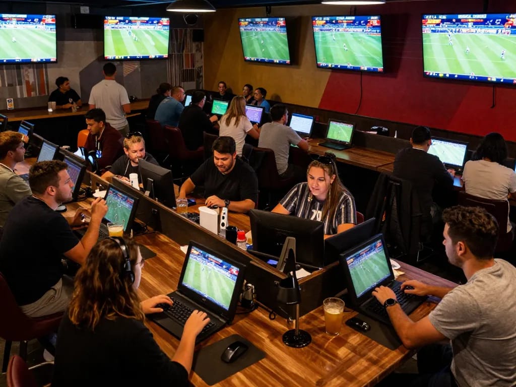 Experience the excitement of KKBD Casino with sports betting enthusiasts celebrating wins at a lively sports bar.