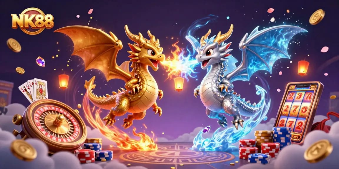 Experience the magical world of NK88 casino with vibrant 3D dragons and slots.