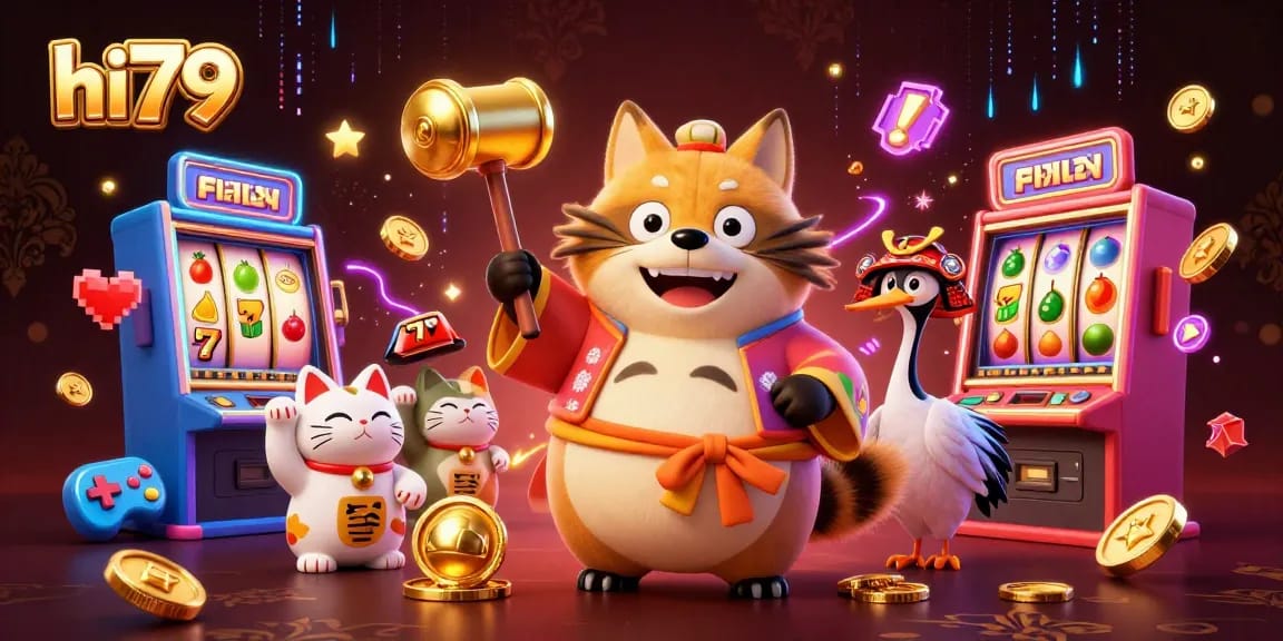 Experience hi79 gaming thrills with lucky tanuki, slot machines, and vibrant casino elements.