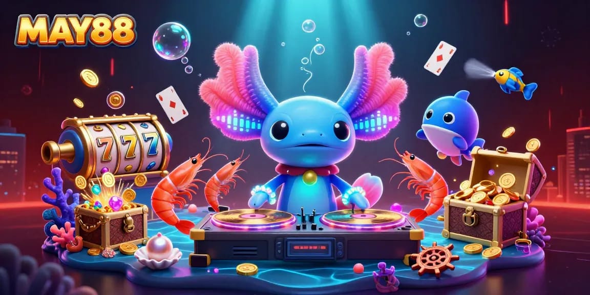 MAY88 showcases a vibrant underwater casino scene with a DJ, energetic shrimp dancers, and exciting slot games.