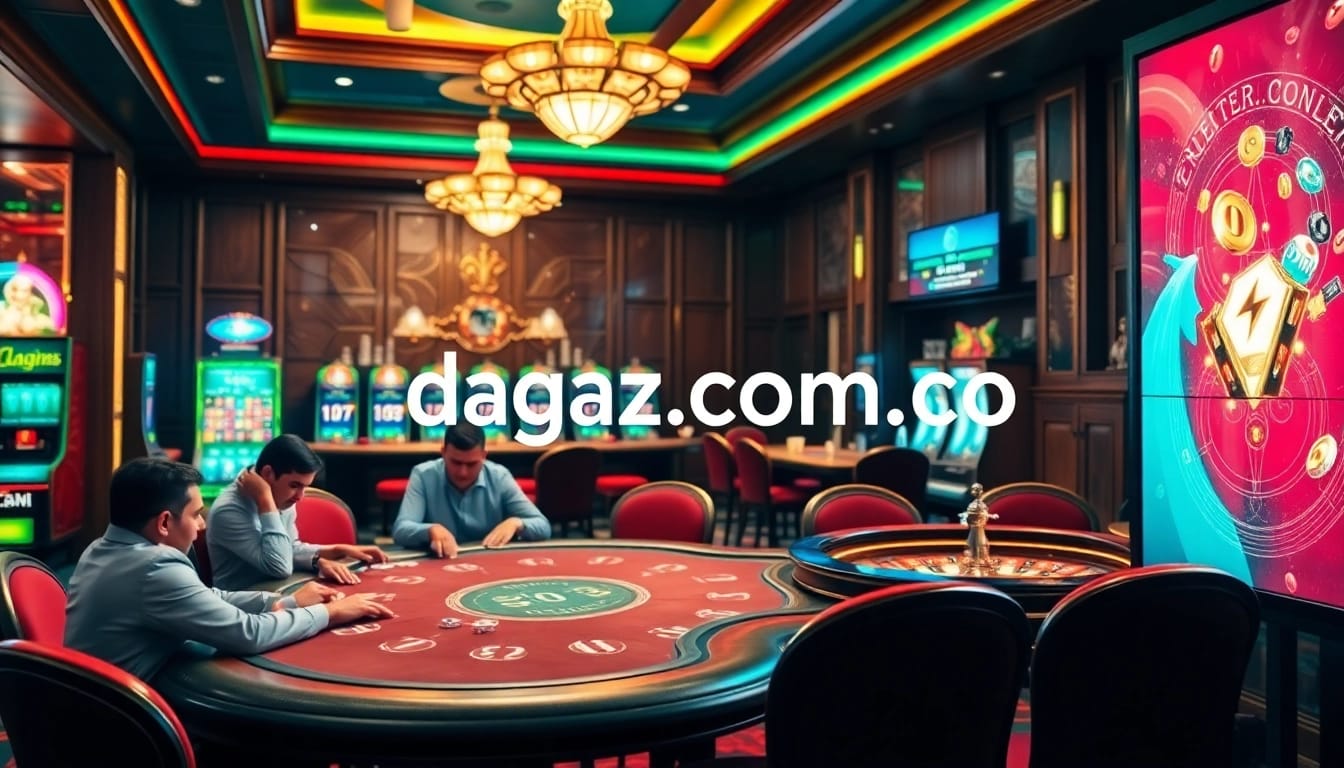 A vibrant casino scene featuring poker tables and slot machines, highlighting dagaz.com.co as a premium gambling destination.