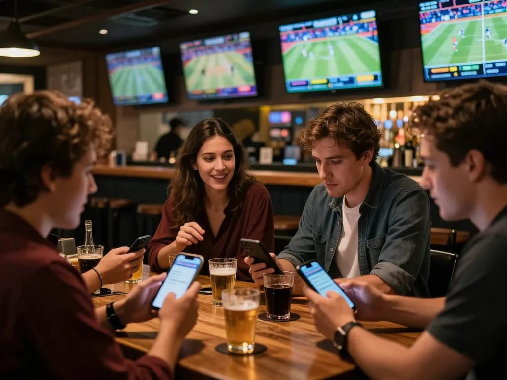 Betting excitement at a modern sports bar showcasing kèo nhà cái through live games.