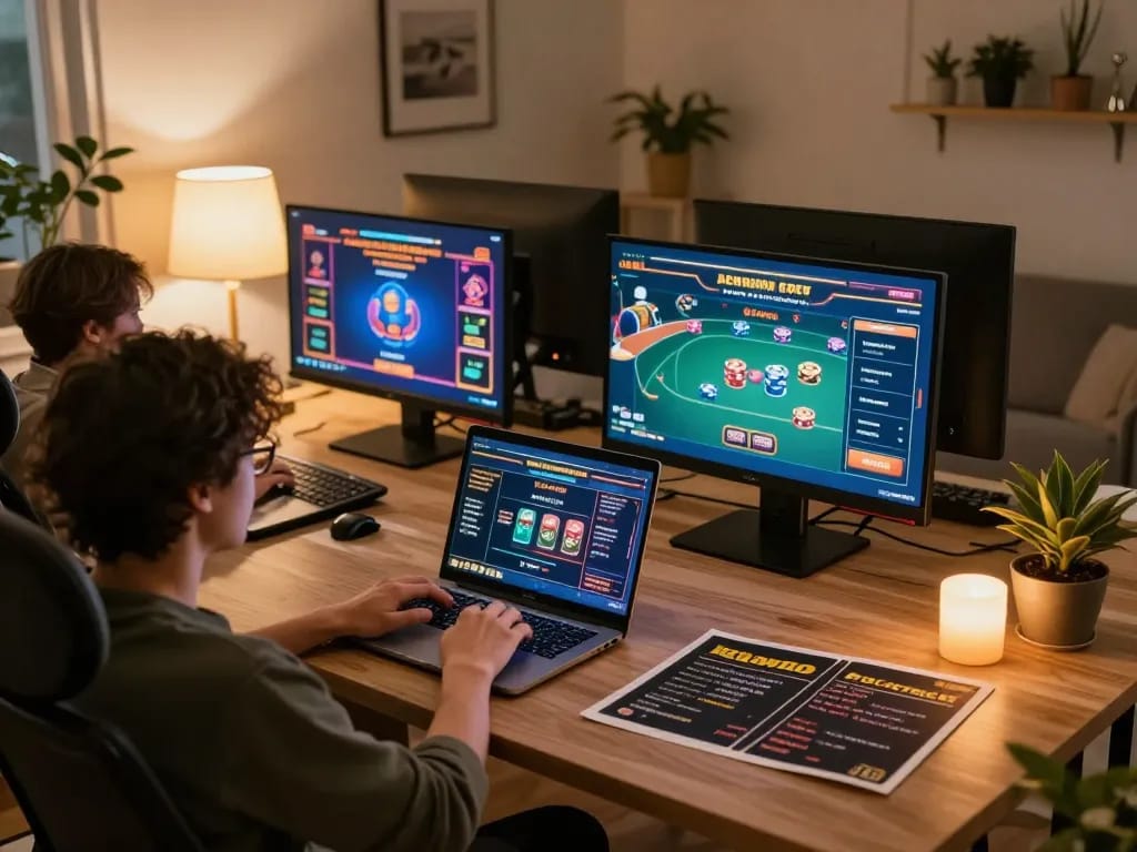 Kuwin virtual casino gaming setup with multiple screens showing engaging games