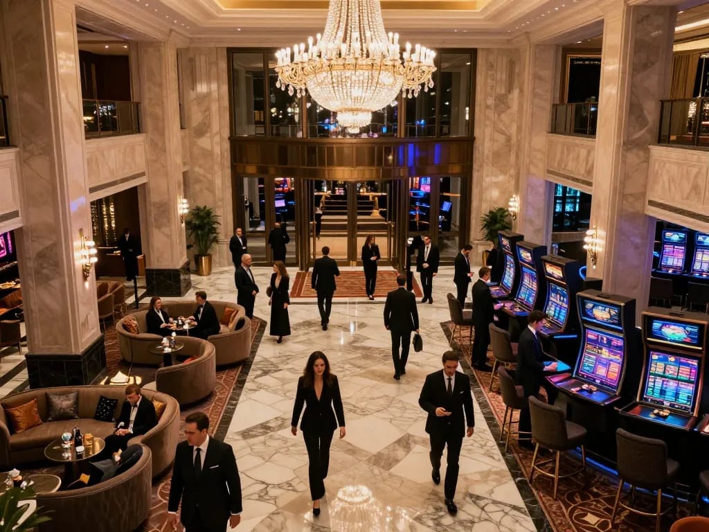 GO8 casino lobby bustling with guests and elegant decor, enhancing luxury gaming atmosphere