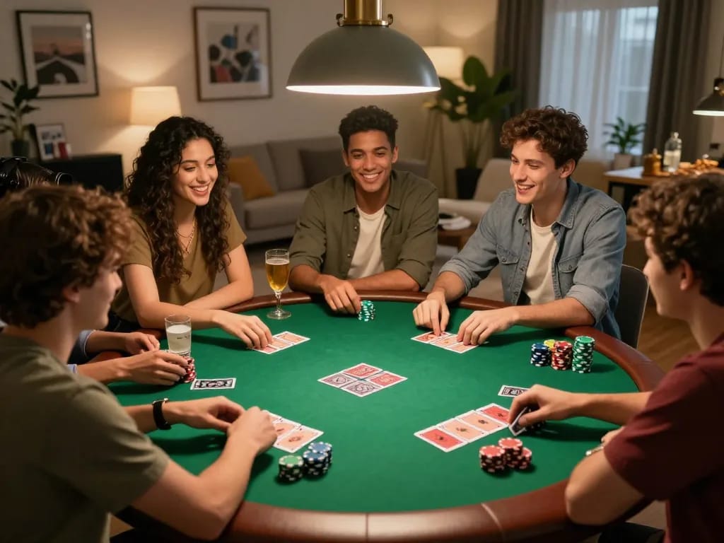 Friends strategizing over a poker game, SC88 cards and chips enhancing the fun night.