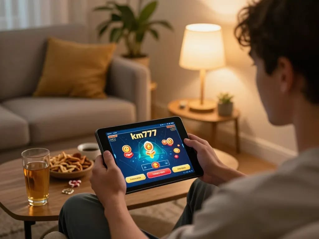 Engaging with km777 online casino app on tablet during a cozy gaming session at home.