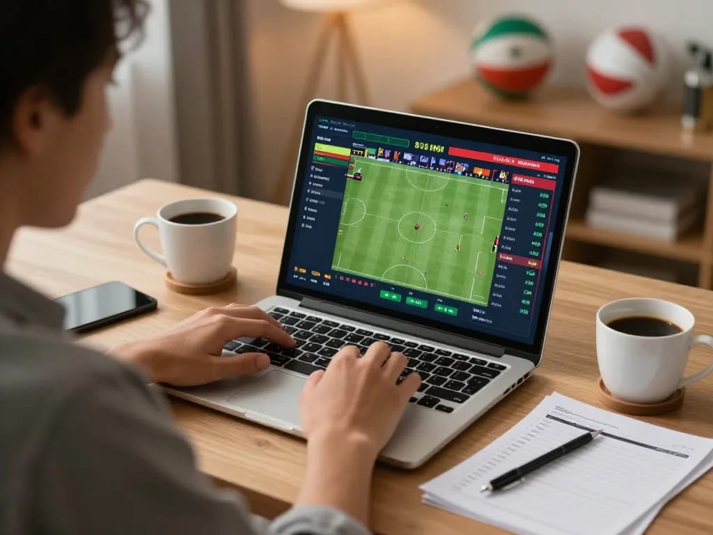 Taisunwin player analyzing odds on laptop while enjoying a coffee in a warm home setting.