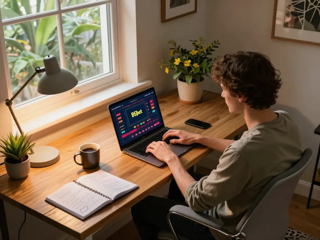 Engaged user exploring 86bet's online platform for strategic betting in a cozy home office.