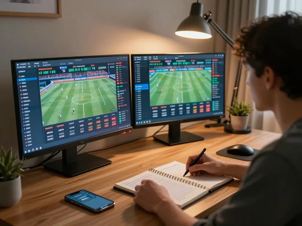 DABET sports betting setup with live game stats analysis on multiple screens at home.