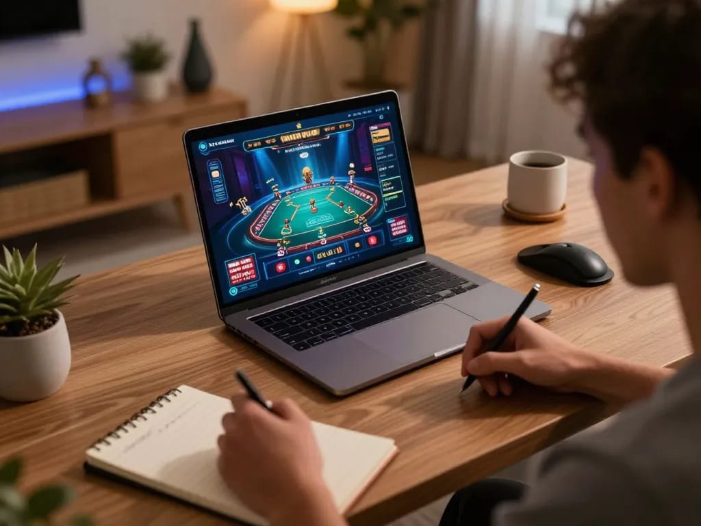 Engage with cm88's online gaming platform, featuring an exciting casino game on a sleek laptop at home.