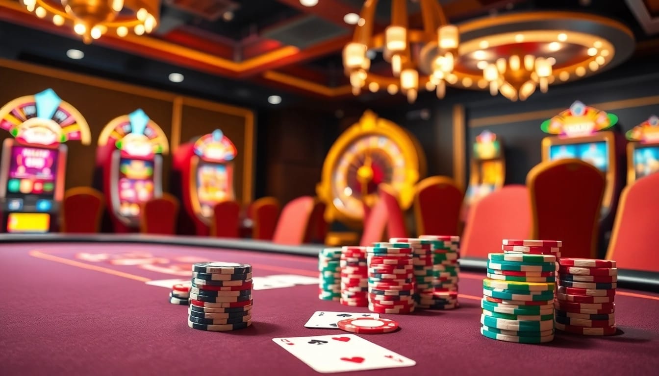 Engaging scene of the luxurious nhà cái XX88 casino with poker chips and cards on the table.