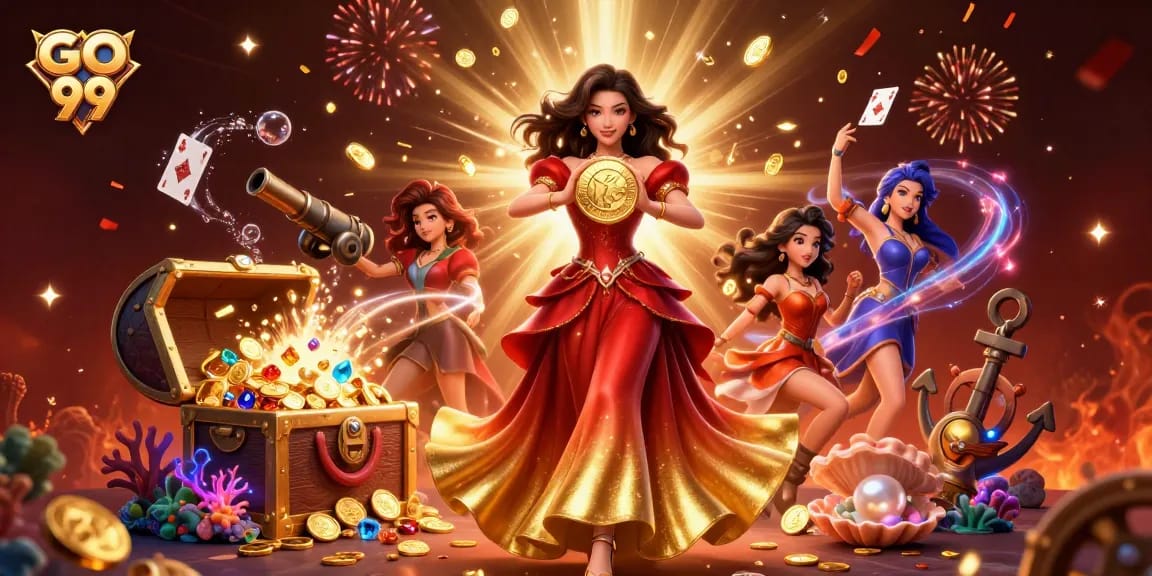 Win big at GO 99 with the stunning golden coin amidst coins and gems in a vibrant casino scene.