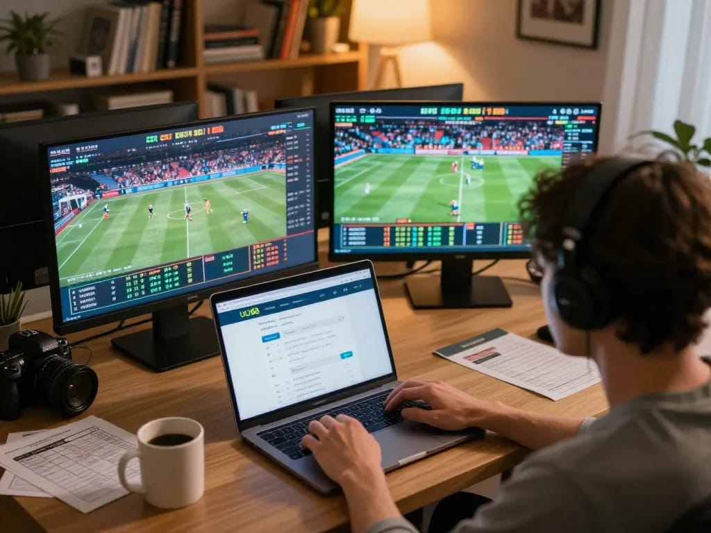 Engaging sports betting with UU88 on a modern home desk during an exciting match.