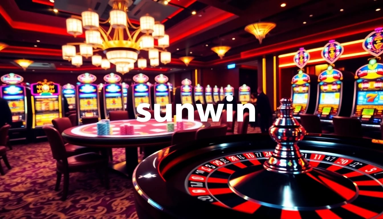 Enjoy a thrilling game of poker at Sunwin Casino, highlighted by vibrant chip stacks and spinning roulette.