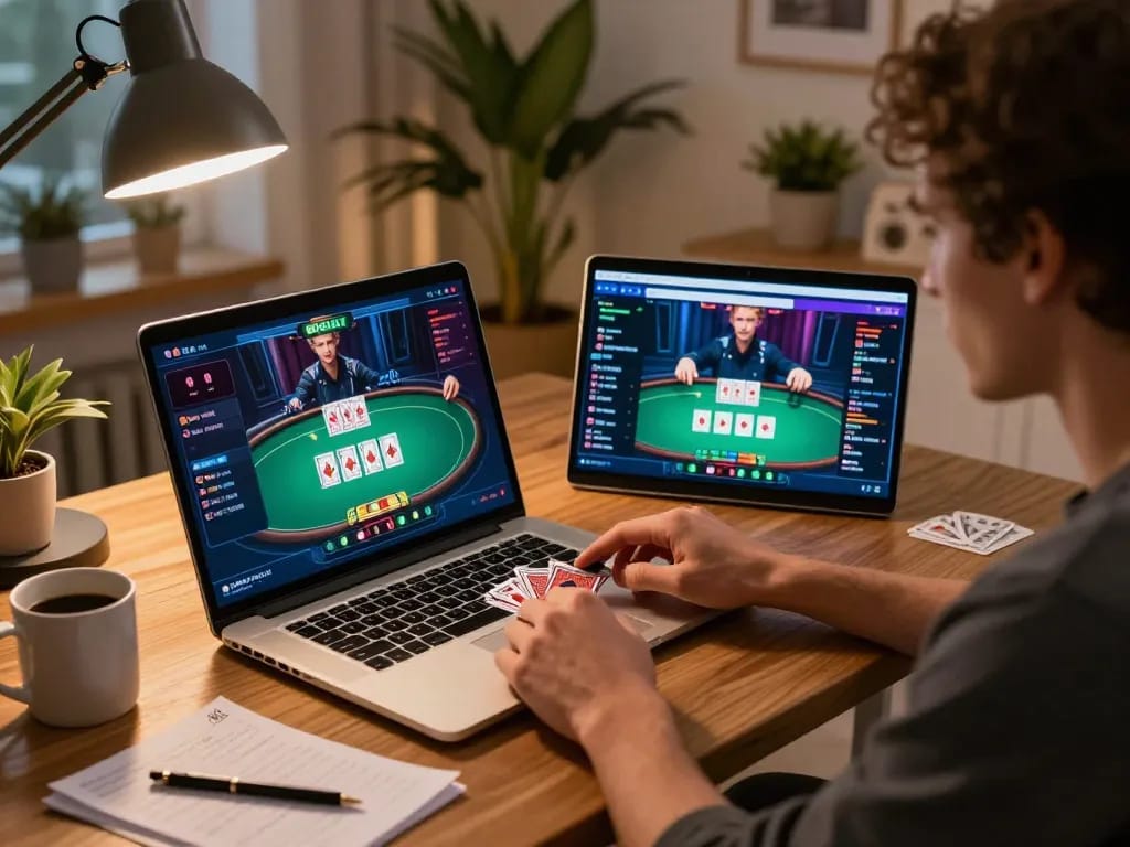 Engaging in poker on 79king during a cozy evening at home, showcasing strategy notes and interactive gameplay.