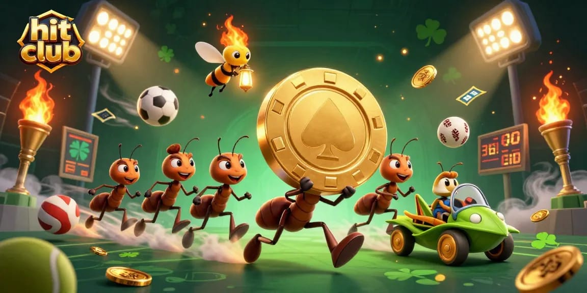 Play and win at hit club with ants heisting a giant poker chip in a vibrant casino environment.