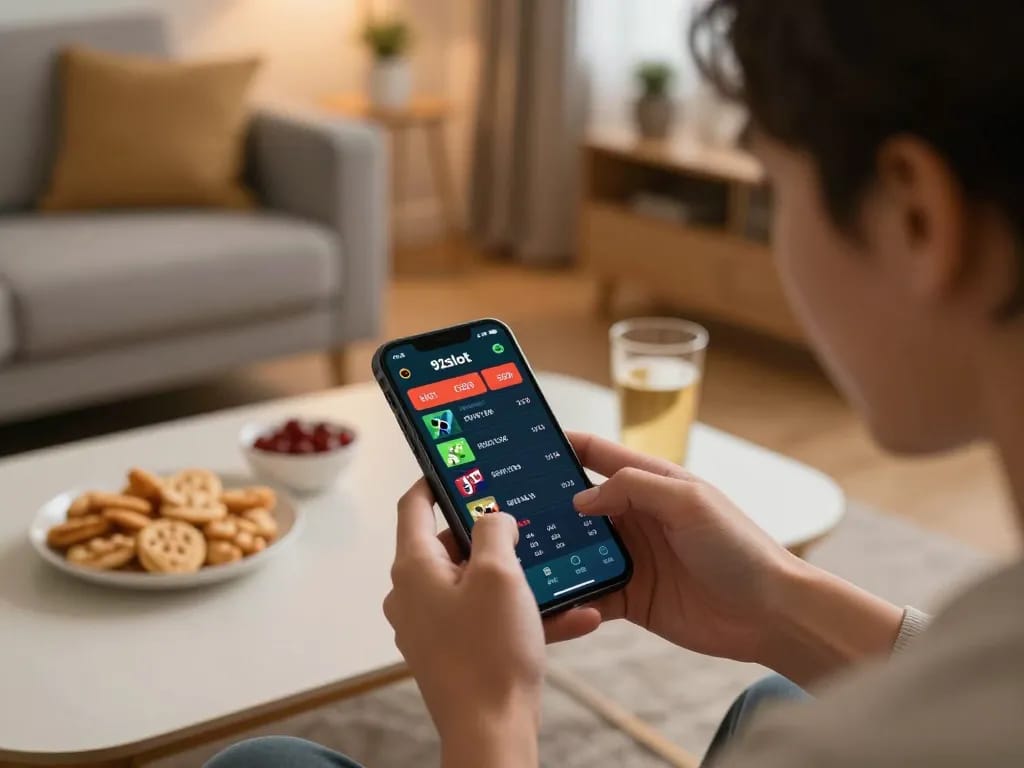 Engaging in online betting on the 92slot app while enjoying a cozy home environment.