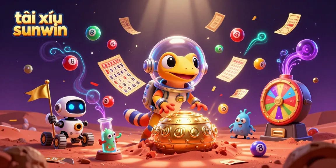Engaging tài xỉu sunwin gaming scene with a Martian gecko discovering a buried casino amidst dynamic lottery elements.