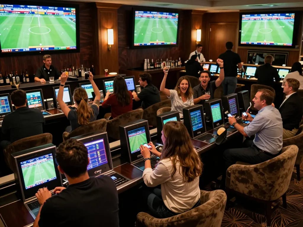 CakhiaTV sports betting scene with viewers cheering for their favorite teams and utilizing betting apps.