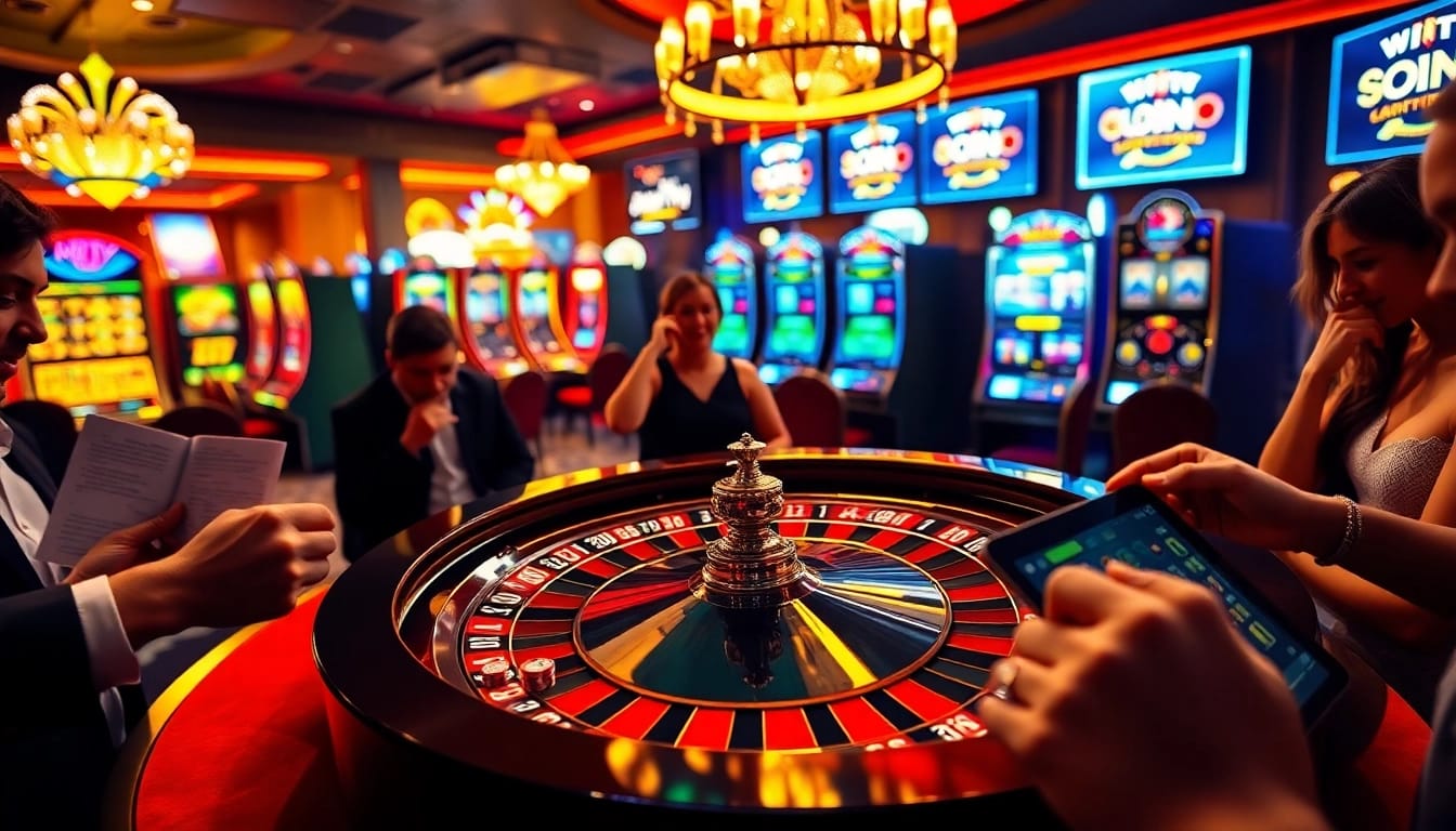 Experience high-stakes excitement at LuckyWin's vibrant casino scene with roulette and slot machines.