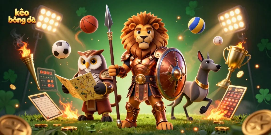 Engage in thrilling sports betting with kèo bóng đá, depicted in a vibrant 3D illustration featuring dynamic elements and characters.