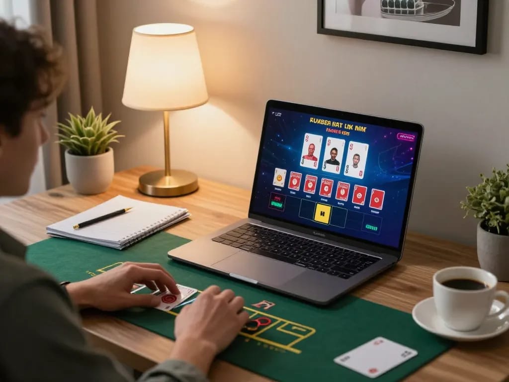 Player enjoying live blackjack on 888top com laptop, showcasing engaging online gambling experience.