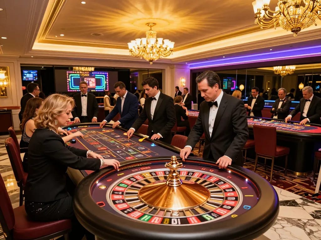 hd88 players placing bets on a roulette table with vibrant ambiance in a luxury casino setting.
