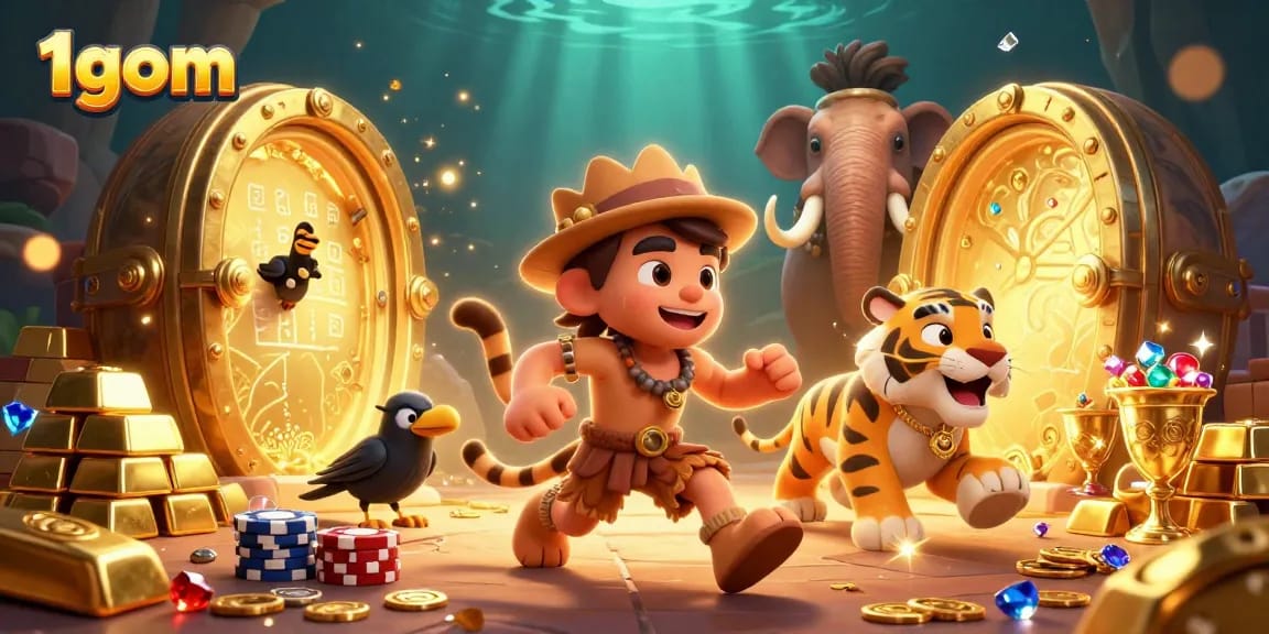 Experience the thrill of betting on 1gom with dynamic visuals of ancient riches and gambling excitement.