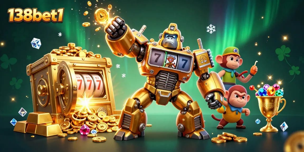 Engage and win with 138bet1 in this spectacular 3D casino-themed illustration featuring a golden gorilla mech.