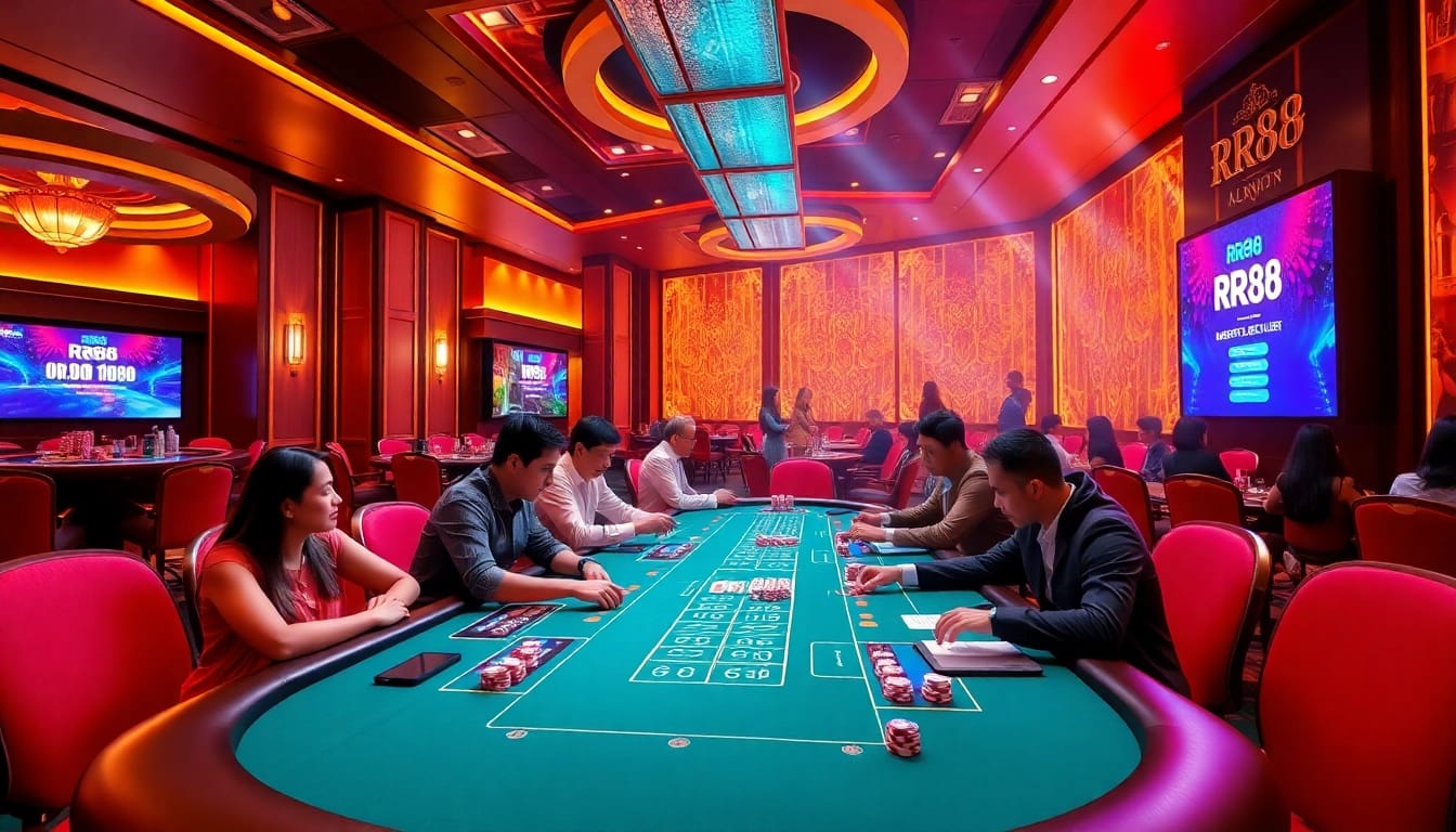 RR88 players strategizing at an elegant casino table with vibrant poker chips and roulette wheel.
