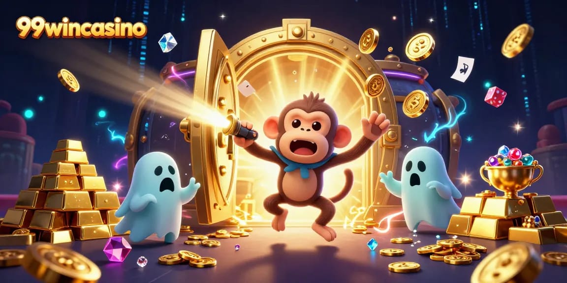 Experience 99wincasino's enchanting haunted casino scene with golden treasures and playful characters.