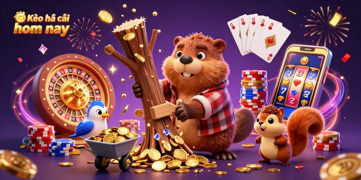 Experience Kèo nhà cái hôm nay with vibrant casino art showcasing a lively beaver, bird, and squirrel in action.