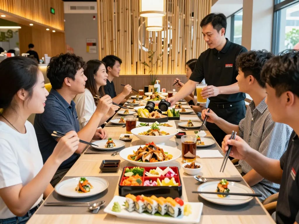 Experience RED88's vibrant Asian fusion dining atmosphere with lively patrons enjoying colorful dishes.