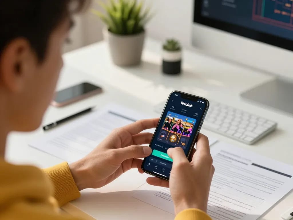 Player engaging with smartphone to tải hitclub app for online gambling in cozy workspace