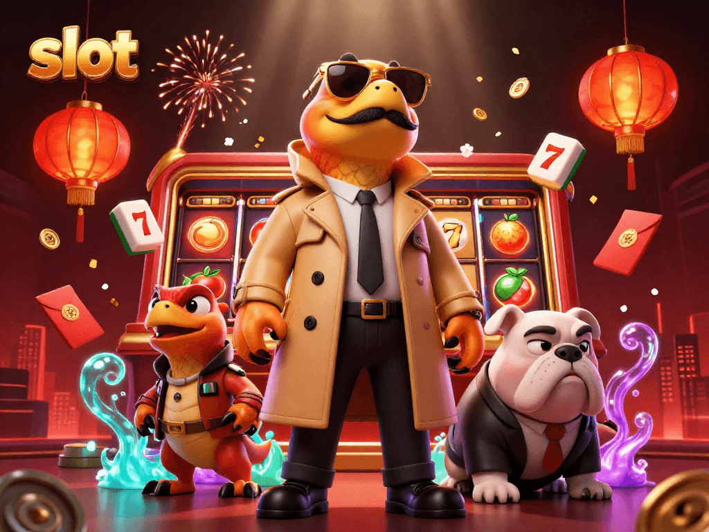 Spin the reels with thrilling slot action featuring playful raptors in a casino scene.