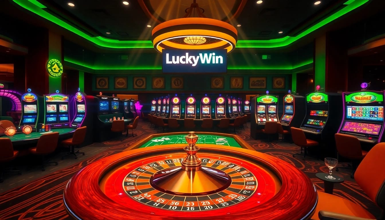 Engaging casino action showcasing LuckyWin with vibrant slot machines and a roulette wheel.