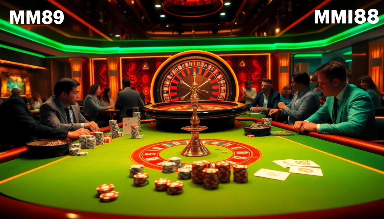 Experience the thrilling atmosphere at MM88 with vibrant casino tables, poker chips, and excited players.