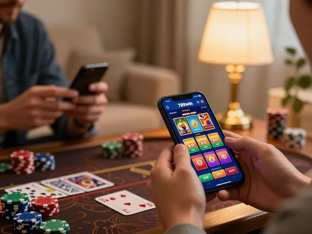 Engage with the 789win đăng ký online gaming app, showing a player excitedly placing bets in a cozy home setting.