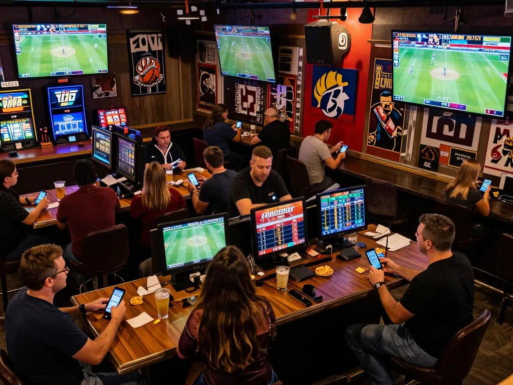 Engaged sports bettors checking kèo nhà cái and celebrating wins at a lively sports bar.