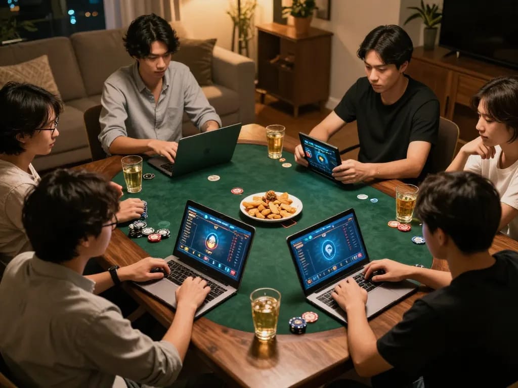 Players enjoying a strategic poker game on 33win from home, showcasing engagement and social interaction.