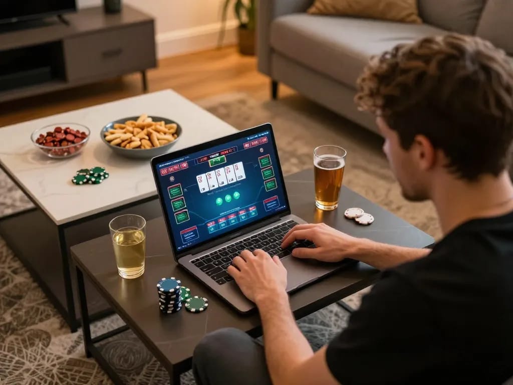 Engaged player strategizing poker at home with 789win interface visible on the laptop screen