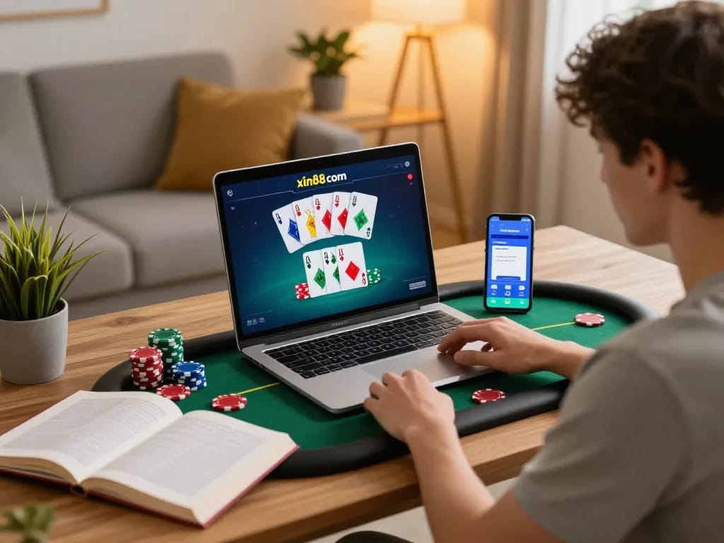 Engaging online casino gameplay on xin88 com, with a player using a laptop in a cozy home setting.