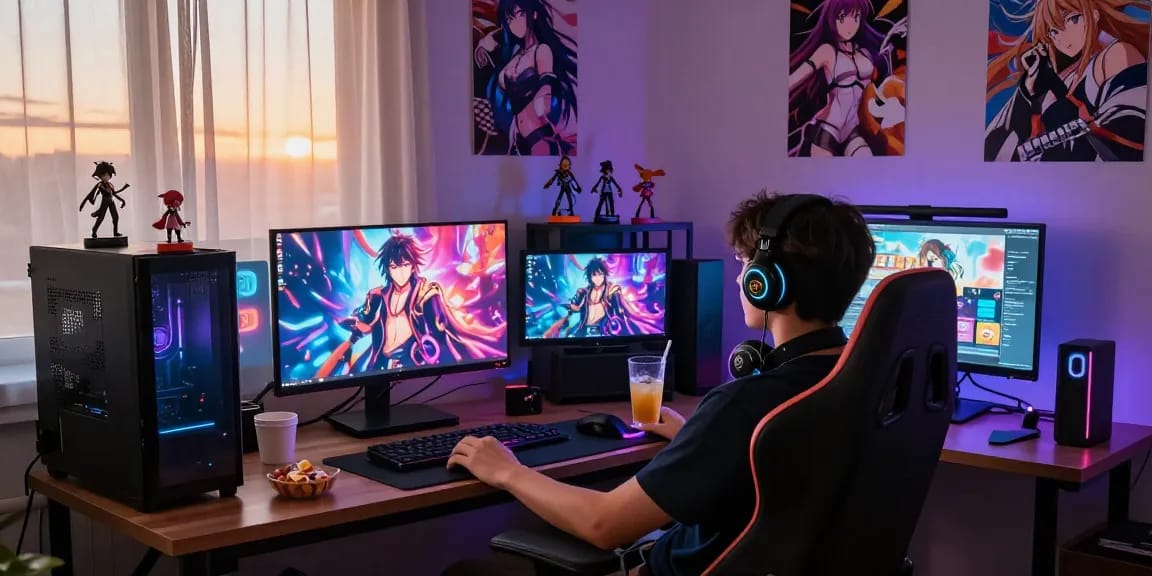 Engaging scene of a person playing ecchi games online with vibrant graphics and cozy bedroom lighting.