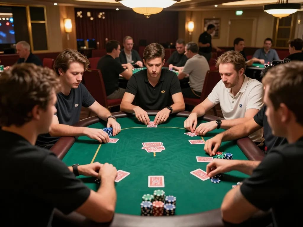 Engaged players participating in a poker game at a casino, highlighting the strategic excitement of KUWIN.