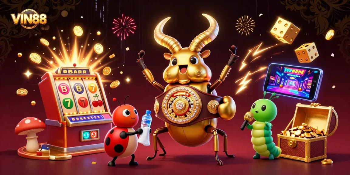 Experience the excitement of VIN88 with a dynamic 3D casino illustration featuring vibrant game elements and characters.