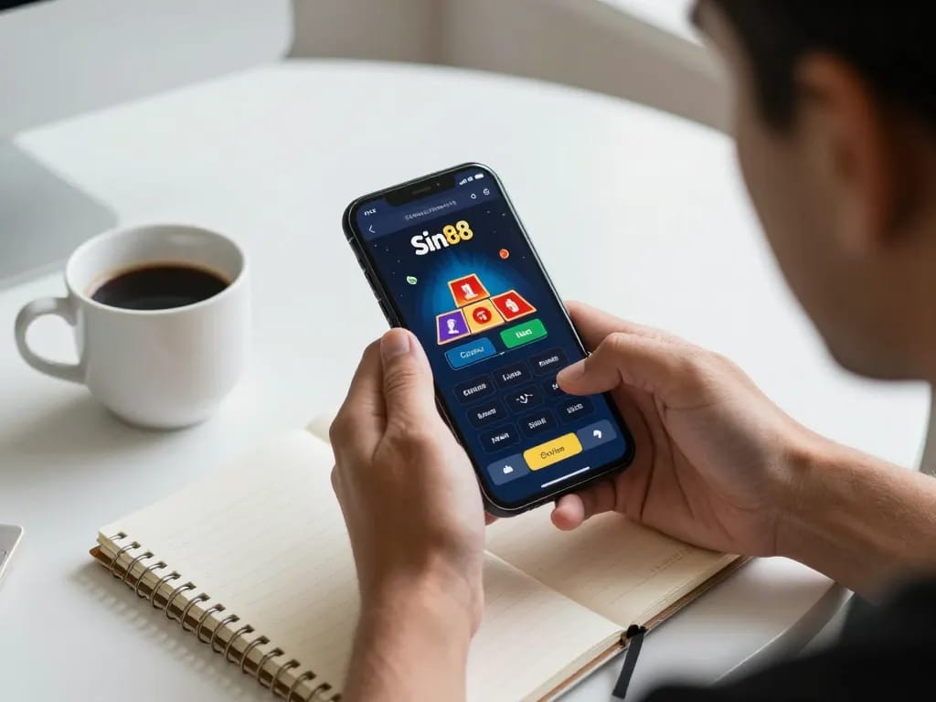 Engaging with the Sin88 app on smartphone during a cozy gaming session, showcasing responsible play.