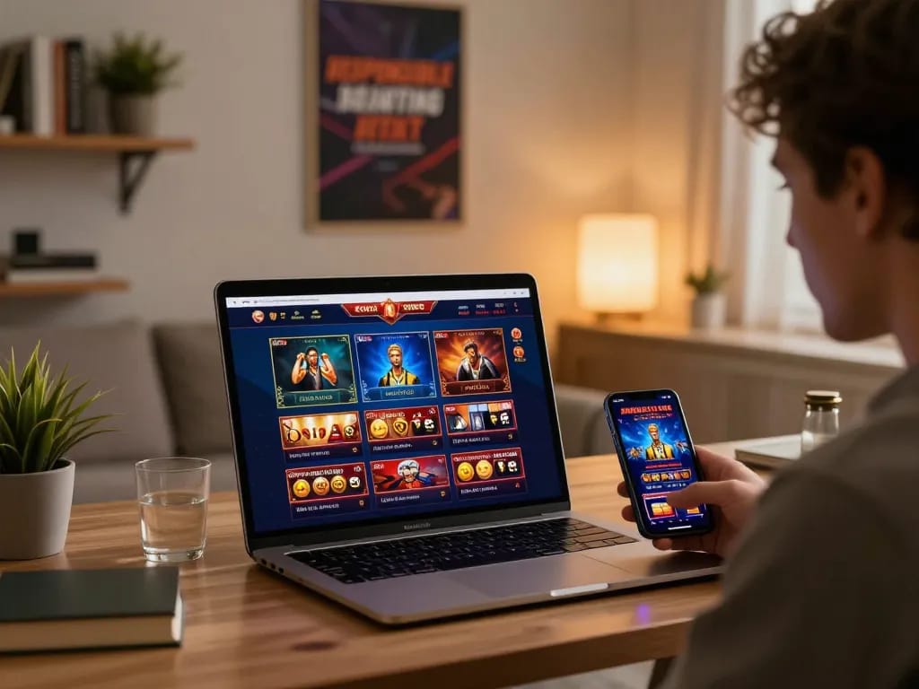 HELLO88 user engaging with online casino games on laptop and smartphone in a cozy home office.