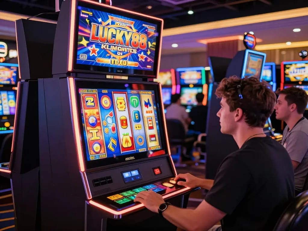 Engaging with the LUCKY88 slot machine in a vibrant casino with colorful spins and excited players.